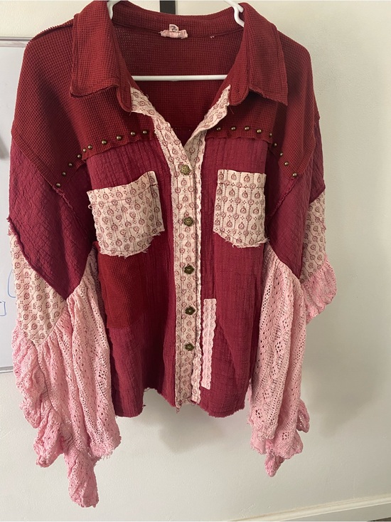 POL Tops - POL Brand Boho Patchwork Button-Up Blouse in Deep Red and Dusty Pink